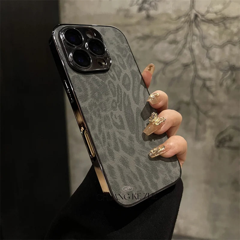 Luxury Plating Leopard Texture Leather Case For iPhone 17 16 15 14 Plus 13 12 11 Pro Max Lens Protection Shockproof  Cover Capa