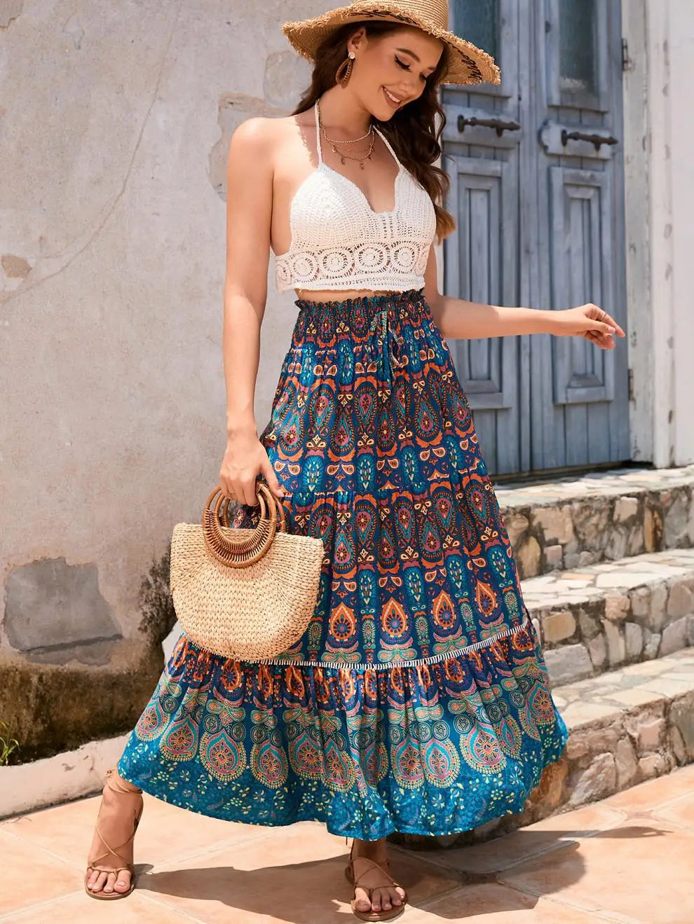 Women's Casual Temperament Skirt Women's Fashionable Bohemian Printed Elastic Waist Temperament Skirt Big Sway Temperament Skirt