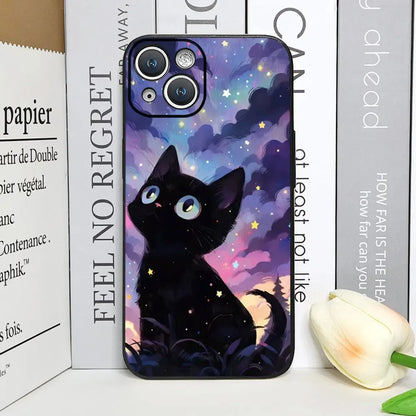 Artistic Black Cat Starry Night Phone Case For iPhone 17 16 15 14 13 12 Pro Max Mini 7 8 SE Plus Couple Cover Soft Shell Fundas