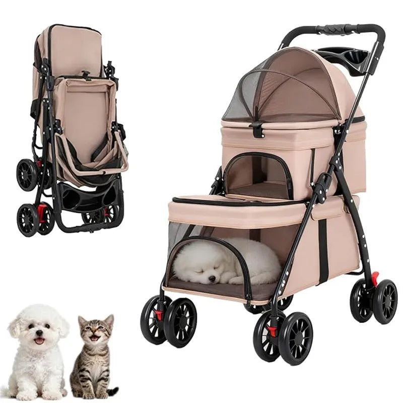 Dual‑Layer Pet Stroller Foldable Travel Dog Cat Cart Breathable Mesh Wagon with Cup Holder Storage Bag for Small Animals