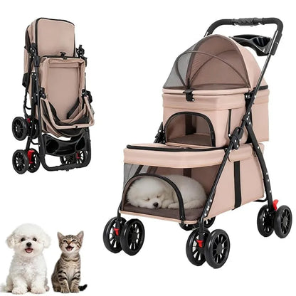 Dual‑Layer Pet Stroller Foldable Travel Dog Cat Cart Breathable Mesh Wagon with Cup Holder Storage Bag for Small Animals