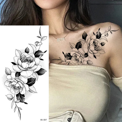 Waterproof Temporary Tattoo Sticker Flowers Roses Lilies Peonies Geometric Patterns Body Art Arm Fake Tattoos Sleeve Women Men