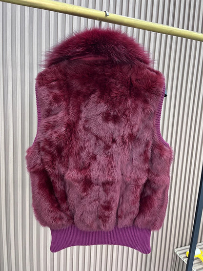 Women's Genuine Real Rabbit Fur Vest Coat Knitting Winter Fox Fur Collar Fur Jacket Casual Short Outwear Slim with Zipper
