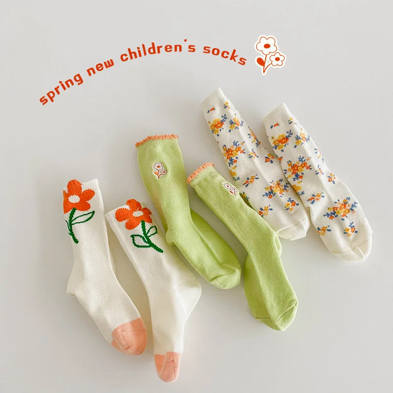 1-12Year 3Pairs Pack 2024 Spring Floral Medium Stockings Embroidery Lace Thin Princess Stockings Girls' Socks
