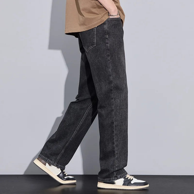 New Arrival American Vintage Wide Leg Elastic Denim Pants for Men Loose Straight Fit Flowy Versatile Casual Pants