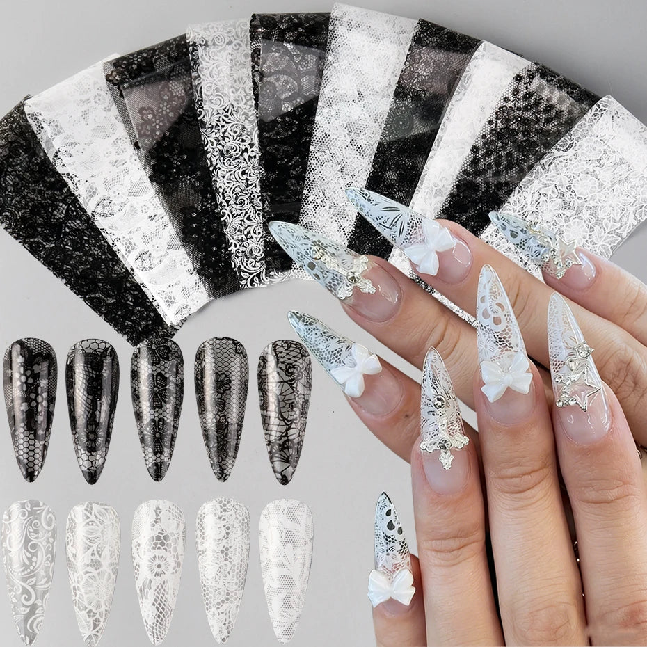10pcs Elegant Black White Lace Flowers Nail Transfer Foils Stickers Black And White Sexy Lace DIY Charms Nail Art Decoration