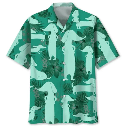 Cute puppy print Hawaiian men's short-sleeved shirt 2024 new casual lapel top fashion plus size