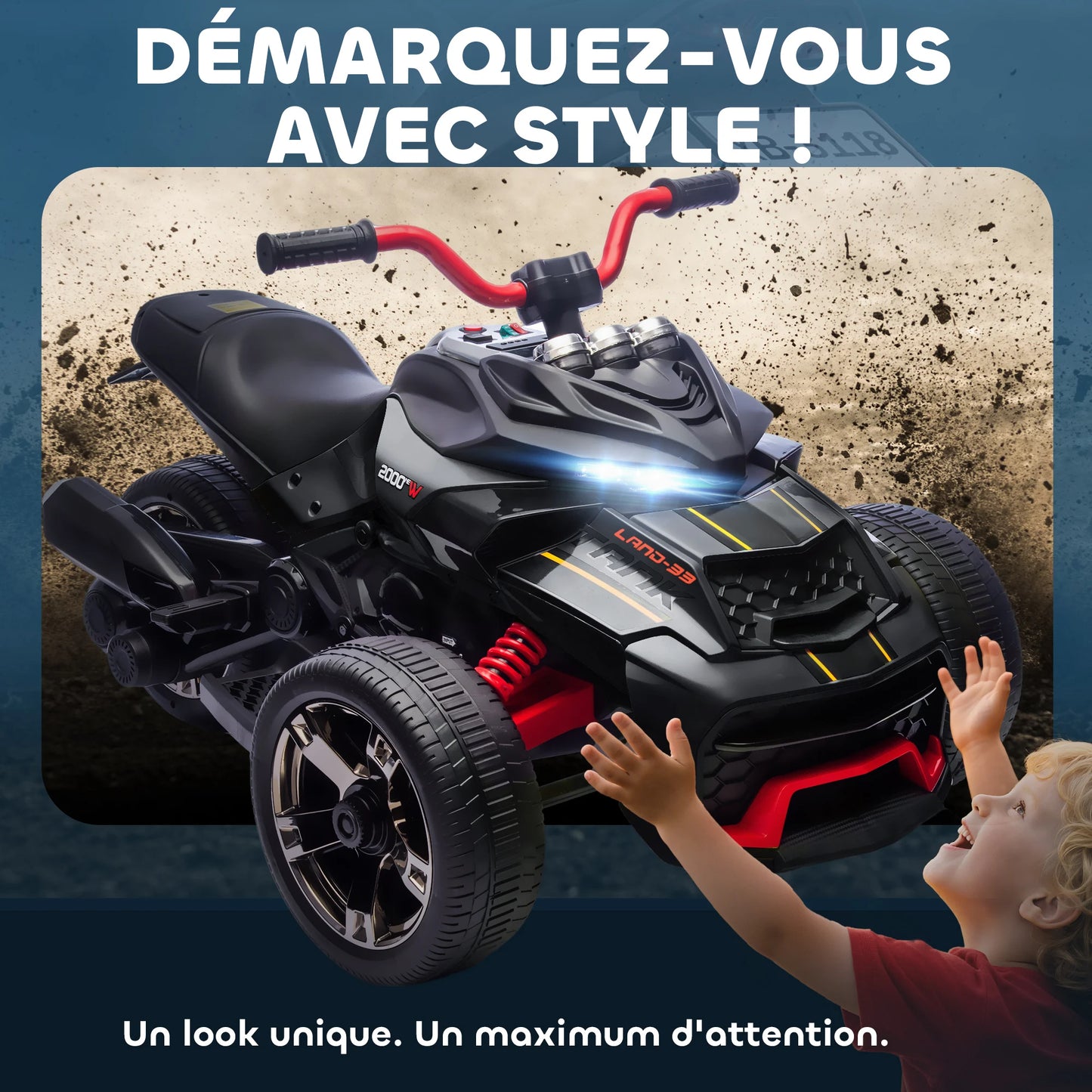 Electric toy car, children’s electric car, 12V, 3 wheels, 2 motors, MP3 player, speaker, 2 speeds, speed 3–5 km/h, black, electric toy car for children, electric pushchair, equestrian pushchair