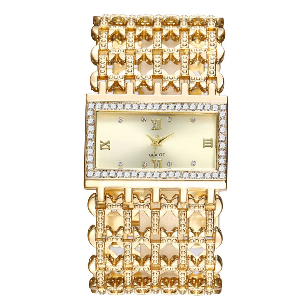 Luxury Noble Gold Ladies Quartz Watch Fashion Women's Skeleton Bracelet full Dress Clock Watches