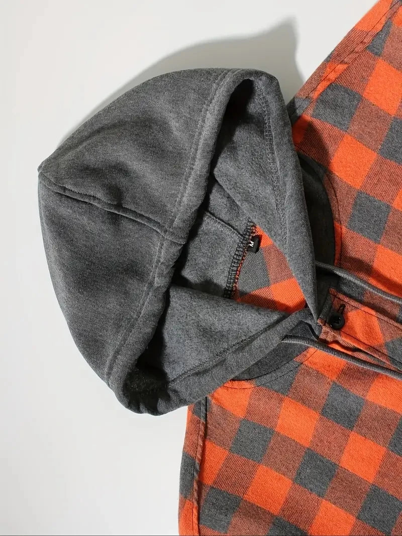 Youth Fashion Street Hooded Plaid Shirt Men's Slim Fit Long Sleeved Shirt Couple Travel Casual Shirt Men's Sports Shirt Jacket