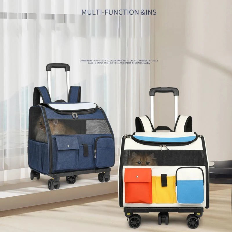 2-in-1 Rolling Pet Carrier Backpack with Wheels, Large Foldable Travel Bag for Dogs and Cats, Ventilated Backpack Carrier