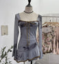 Women‘s Retro Chic French Square Neck Lace-Up Bell Long Sleeve Top Personalized Smudged Print Irregular Hem Sweety Shirt 9980
