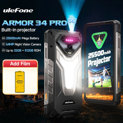 Ulefone Armor 34 Pro+ 5G Rugged Smartphone 16GB+512GB 25500mAh Built-in Projector 64MP Night Vision 6.95'' 120Hz NFC Android 15