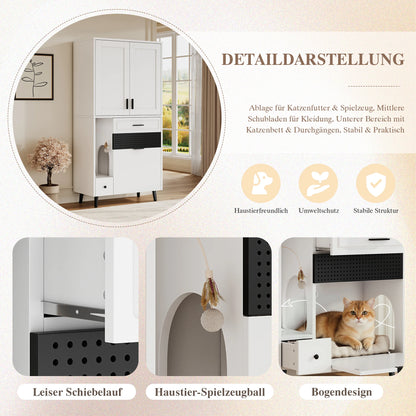 Multifunctional Cat Storage Cabinet with Stable Construction, Adjustable Shelves, Drawers, and Cat Bed Area – Cozy Activity Space for Cats, Pet Furniture with Arch Openings