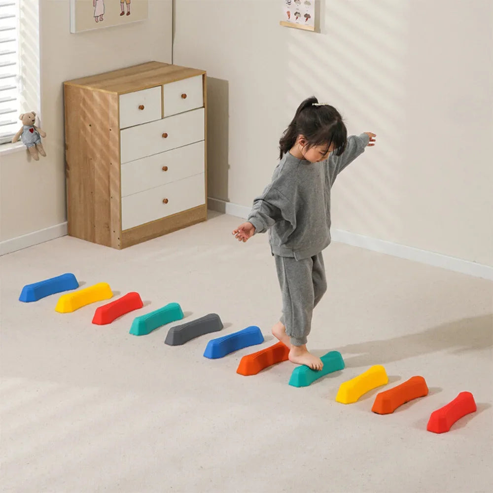 12 Pcs Balance Stepping Stones for Kids Sensory Integration Training Obstacle Course Indoor Outdoor Play Safe Stackable Tactile Beam for Toddlers Children