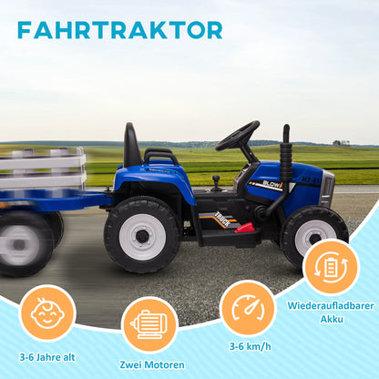 Children's Electric Car with Trailer, Remote Control, Child Control or Remote Control, Headlight, 3-6 Km/H, Size 136.5X50X52.5Cm, Load Capacity 30 Kg, Blue