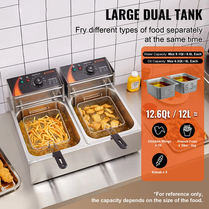 SucceBuy 12L Electric Deep Fryer w/Dual Removable Tanks Commercial Countertop  Fryer for Chicken French Fries Frying Chips