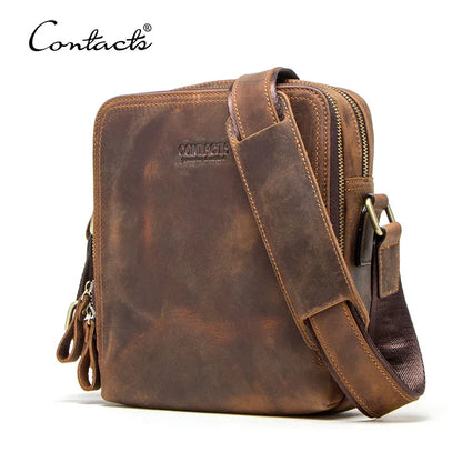 CONTACT'S Genuine Leather Men's Messenger Bag Vintage Sling Shoulder Bags for 7.9" iPad Mini High Quality Male Crossbody Bag Men