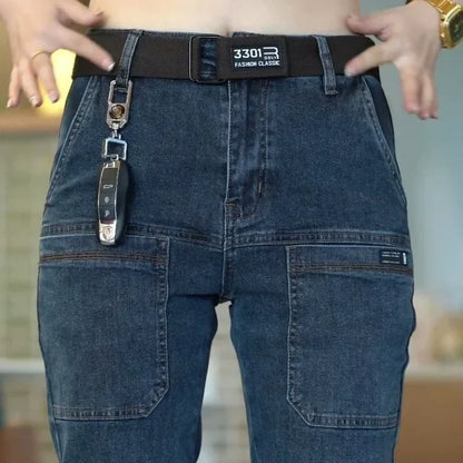 Spring Summer Thin Six Pocket Men's Jeans Elastic Straight Leg Casual Slim Fit Jeans Versatile Multi-Pocket Long Y2K Denim Pants