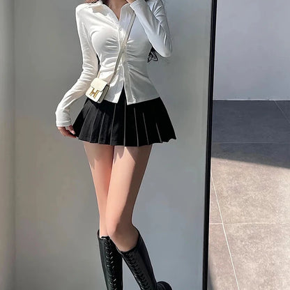 Pleated Skirt with Shorts Women Sexy High Waist Irregular White Black A-line Gyaru Tennis extreme Mini Skirt School
