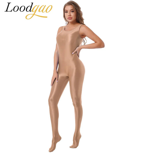 Women's Sleeveless Full Body Bodysuit Glossy Jumpsuit Gymnastics Fitness Swimming Leotard Pole Dance Costume Clubwear Lingerie