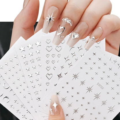 Metal Silver Nail Stickers Metallic 3D Star Nail Art Stickers Decals Self-Adhesive Nail Art Stickers Metal Chain Heart
