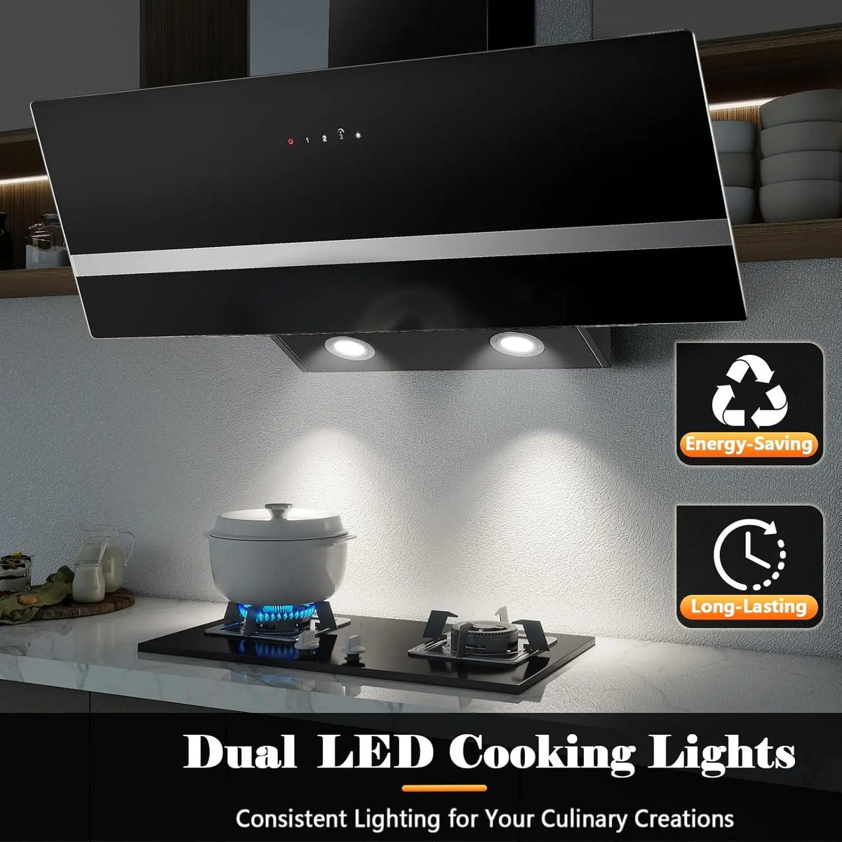 90cm Wall Hood, A+++ Energy Class, 400 m³/h, Touch Control, LED Light, Black Stainless Steel/Glass, Quiet 58 dB‌