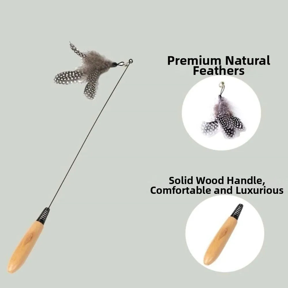 Wooden Handle Spring Teasing Cat Stick Feather Simulation Fishing Rod Cat Teaser Stick Interactive Replaceable Bell Squeaky Cat