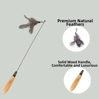 Wooden Handle Spring Teasing Cat Stick Feather Simulation Fishing Rod Cat Teaser Stick Interactive Replaceable Bell Squeaky Cat