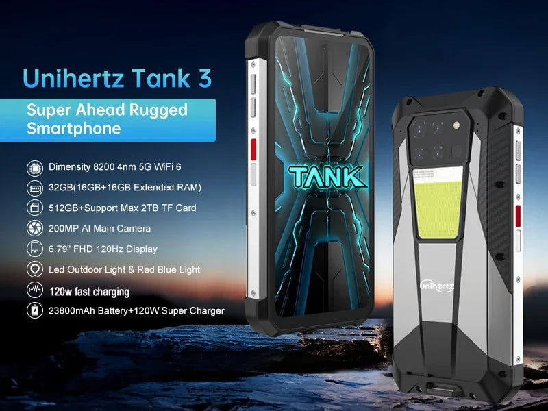 US AU EU Stock Unihertz 8849 Tank 3 Rugged 5G Smartphone 32GB 512GB 23800mAh 120W Charger Dimensity 8200 200MP 120Hz Cell Phone