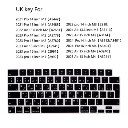 Arabic language keyboard skin for MacBook air15/pro14 pro16 M4/M3/M2/M1 waterproof dust UK key silicone keyboard protector cover