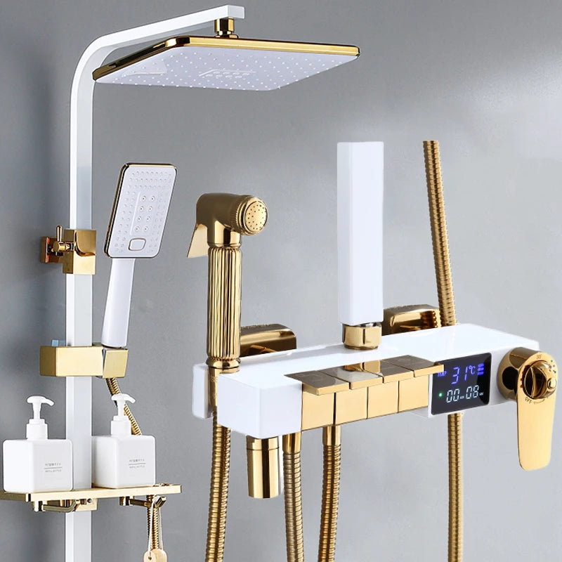 Gold Piano Digital Display Bathroom Shower Set Brass Bathroom Faucet Accessories Thermostatic Digital Bathroom Shower System