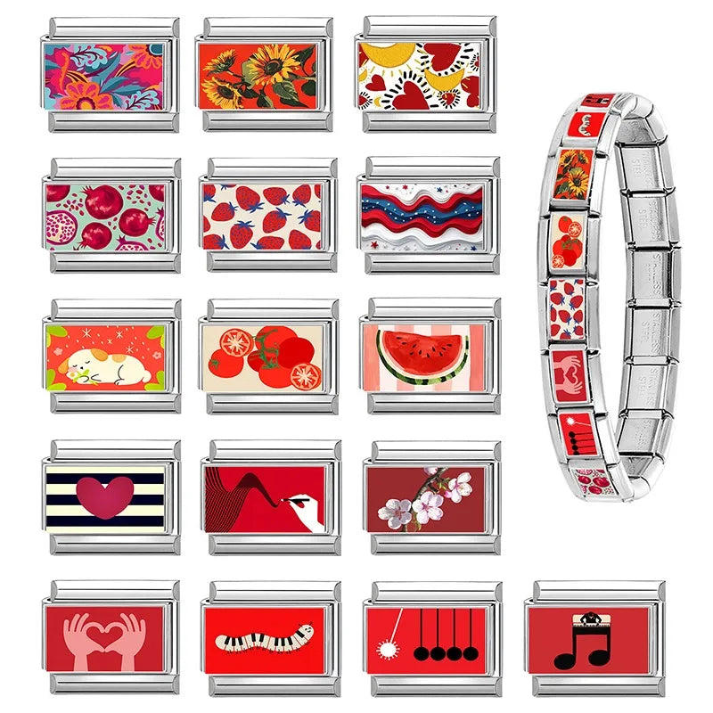 Wholesale Fashion Personalized DIY Red Color Italian Charm Bracelet Watermelon Tomato Bead 9mm Bracelet Stainless Steel Jewelrys