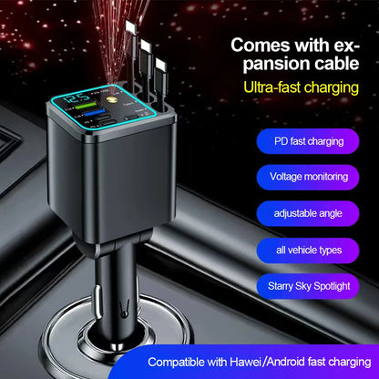5 In 1 Car Charger 66W Max with Retractable Cable PD30W+2.4A Voltage Display Super Fast Charging 22.5W for iPhone & Android