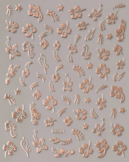5D Hibiscus Flower Nail Embossed Sticker Acrylic Pink White Gold Petal Leaf Adhesive Decal Butterfly Dragon Floral Elegant Decor