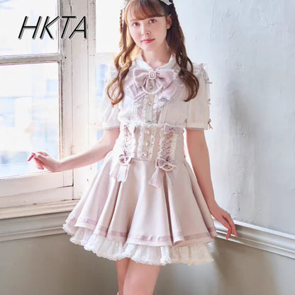Japanese Liz Skirt High Waist Thin Kawaii Cute Bow Lolita Skirts Women Summer New Elastic High Waist Ruffle Short Pleated Skirt