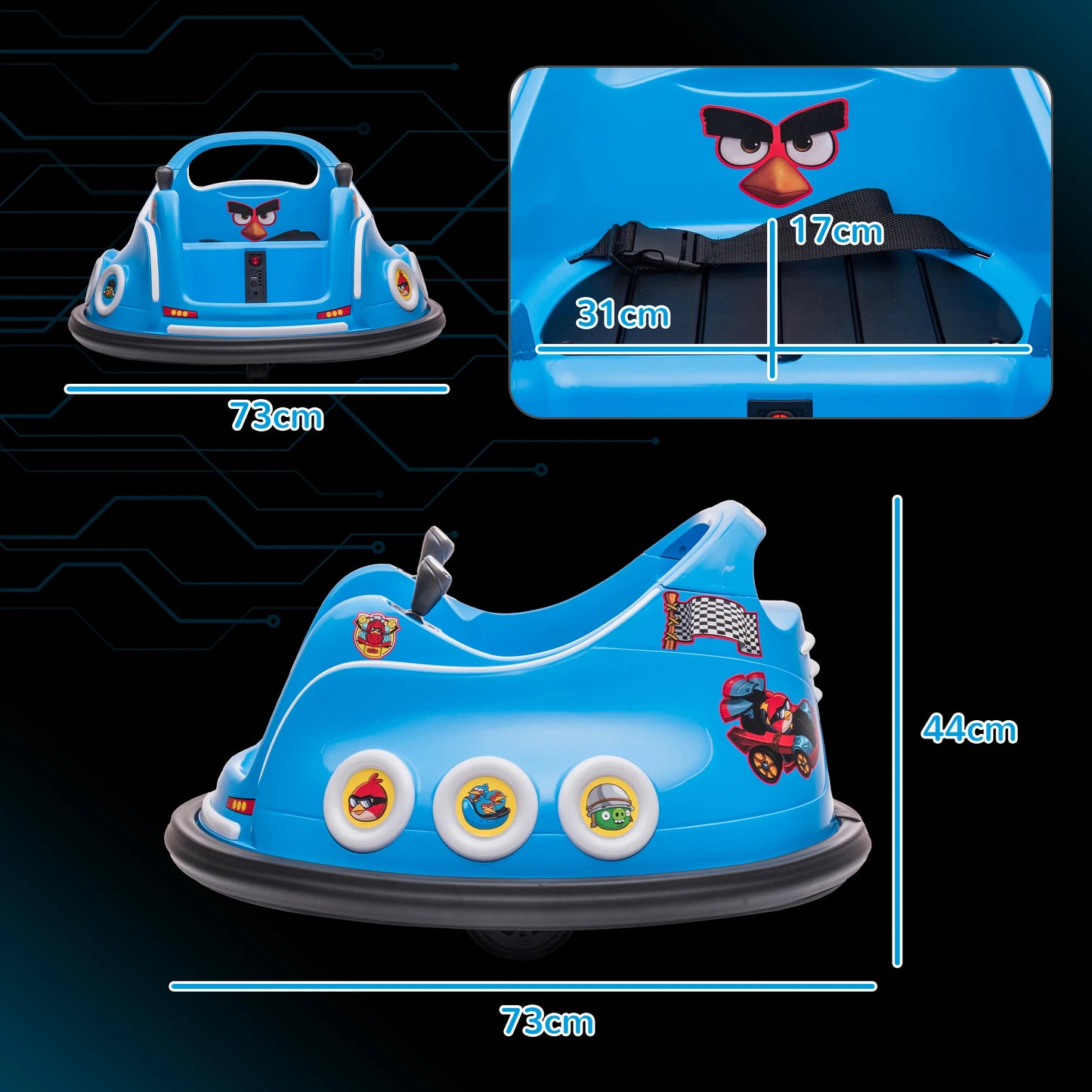 12V licensed Angry Bird electric bumper car for children, 360° rotating car, 73x73x44 cm, blue