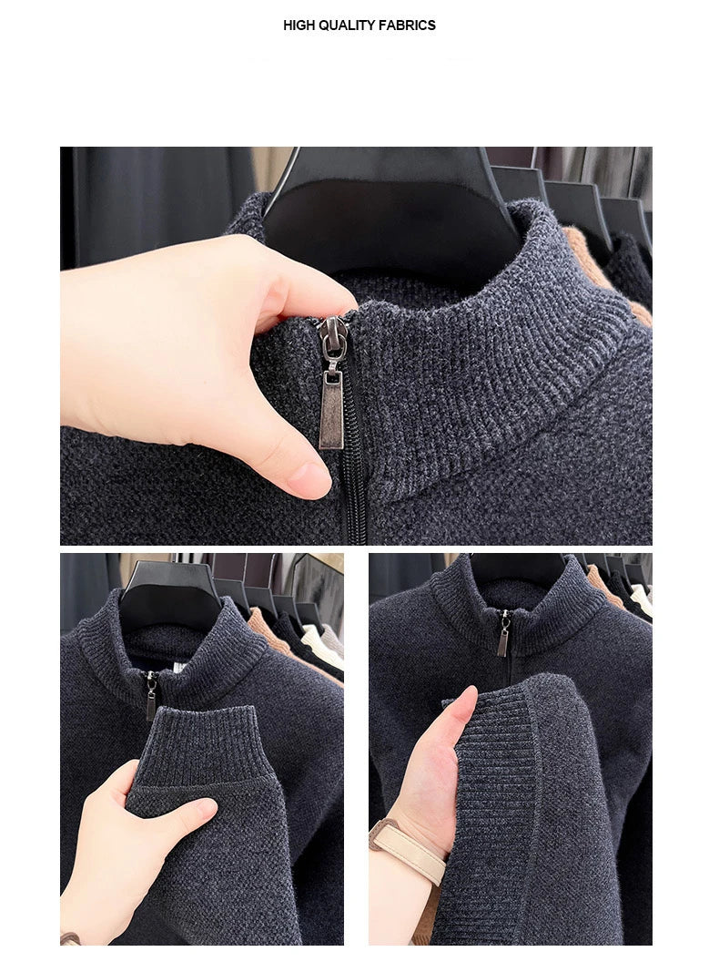 High quality half zipper knitted sweater men fashion luxury brand embroidery designer new top plush warm thick casual men's wear