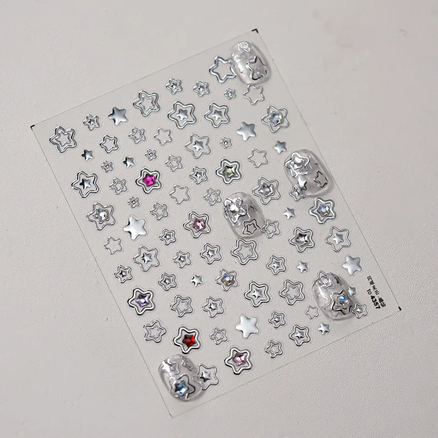1Pcs 5D Metal Y2K Liquid Love Star Moon Nail Art Sticker Punk Style Silver Clock Heartbeat Heart Slider Romantic Manicure Decals