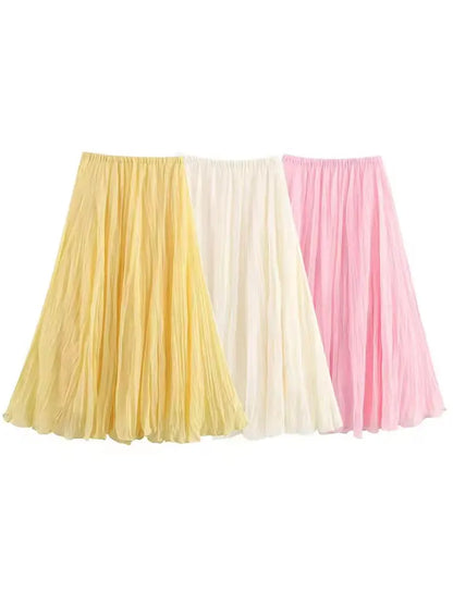 HH Women Elastic Waist Pleated Maxi Skirt Flowy A Line Pleated Long Skirt In Yellow White Pink For Spring Summer Beach Vacation