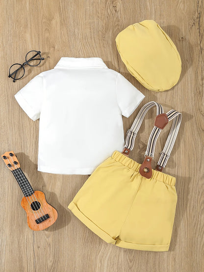 3-Piece Summer Thin Gentleman Dress Suit for Infants and Boys, Short-Sleeved Shirt with Bow + Casual Suspender Shorts + Gentleman Hat, Suitable for Birthday Parties, Party, Performance, Weddings, Full Moon, Washing Ceremony,