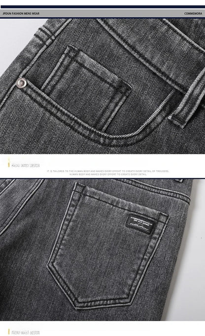 Men's Winter Stretch Fleece Jeans Thickened Warm Loose Straight Velvet Denim Trousers Classic Business Casual Black Work Pants