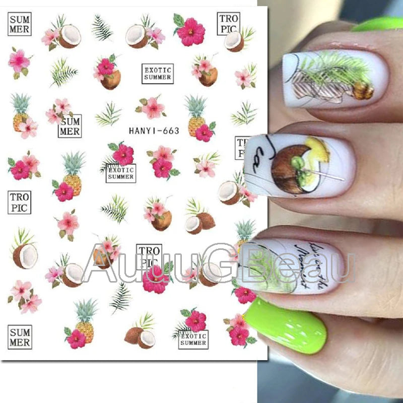 3d Nails Art Decals Spring Fruits Pink Full Tips Peony Magnolia Flowers Adhesive Sliders Stickers Decoration For Nails Manicure