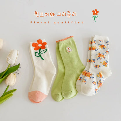 1-12Year 3Pairs Pack 2024 Spring Floral Medium Stockings Embroidery Lace Thin Princess Stockings Girls' Socks