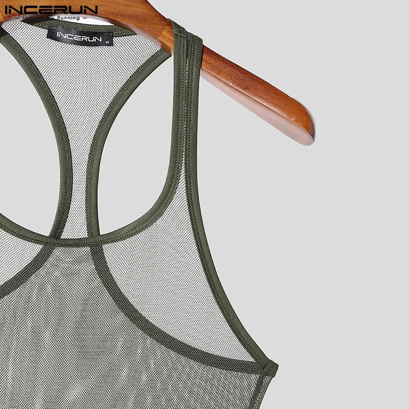 INCERUN Tops American Style Fashion Men Thin Perspective Mesh Vests Sexy Casual Streetwear Male Personality Sleeveless Tank Tops