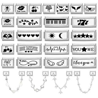 Laser Engraving Piano Heart Star Wings NO.7 Lips Italian Charm Links Fit 9mm Bracelet Stainless Steel Men Women DIY Making Gifts