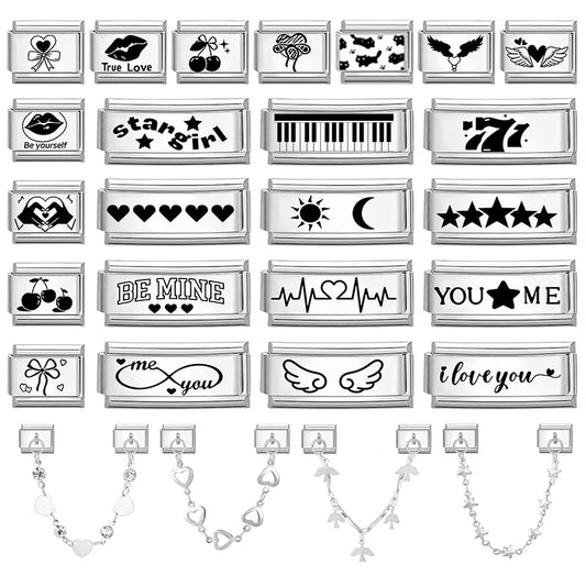 Laser Engraving Piano Heart Star Wings NO.7 Lips Italian Charm Links Fit 9mm Bracelet Stainless Steel Men Women DIY Making Gifts