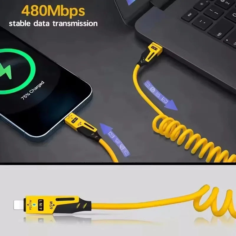 4 in 1 65W Spring Short Data Cable 6A USB Type C Spring Telescopic Quick Charger Wire Spring USB Cable for iPhone 15 14 13 12