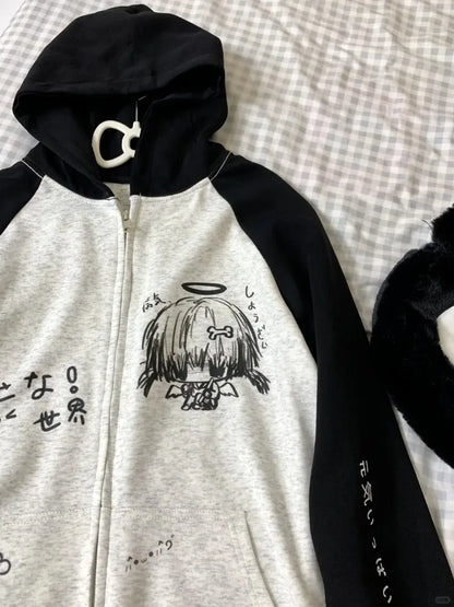 Zip Up Hoodie Cartoon Japanese Grunge Sweatshirt Women Clothing Streetwear Anime Print Jackets Y2k Tops Casual Loose Outerwear