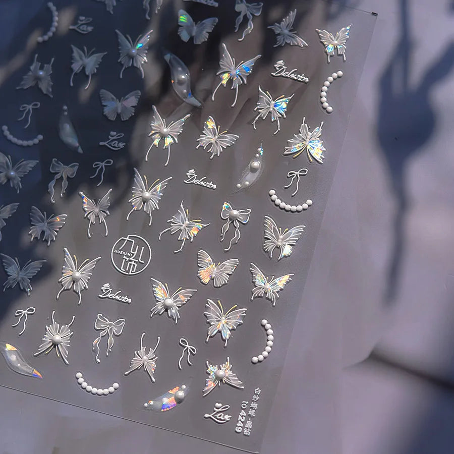 Shiny Jelly Butterfly Charming Golden Gradient Bowknot 5D Self Adhesive Nail Art Sticker Flower Petal Rhinestone Manicure Decals